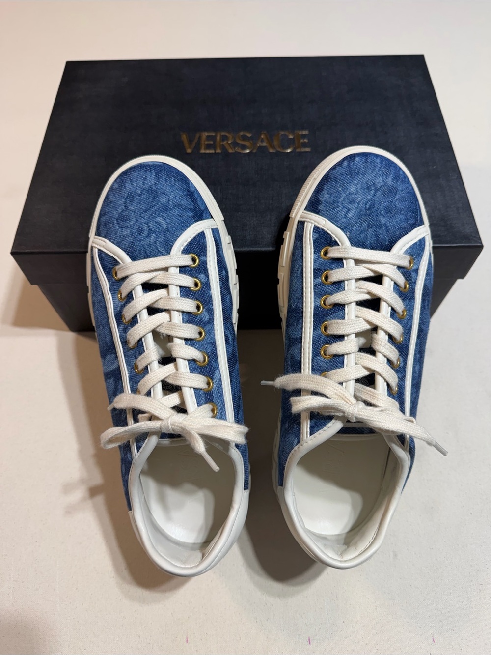 Versace Blue Denim Lace-Up Sneakers with White Trim